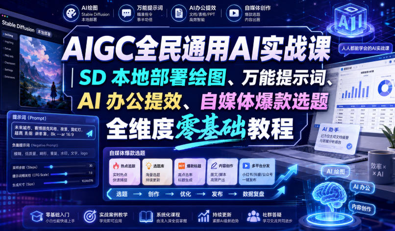 AIGC全民通用AI实战课｜SD本地部署绘图、万能提示词、AI办公提效、自媒体爆款选题全维度零基础教程-云梦阁