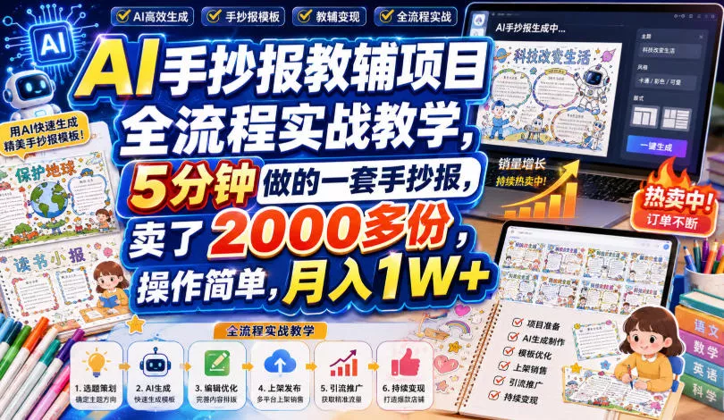 AI手抄报教辅项目全流程实战教学，5分钟做的一套手抄报，卖了2000多份，操作简单，月入1W+-云梦阁