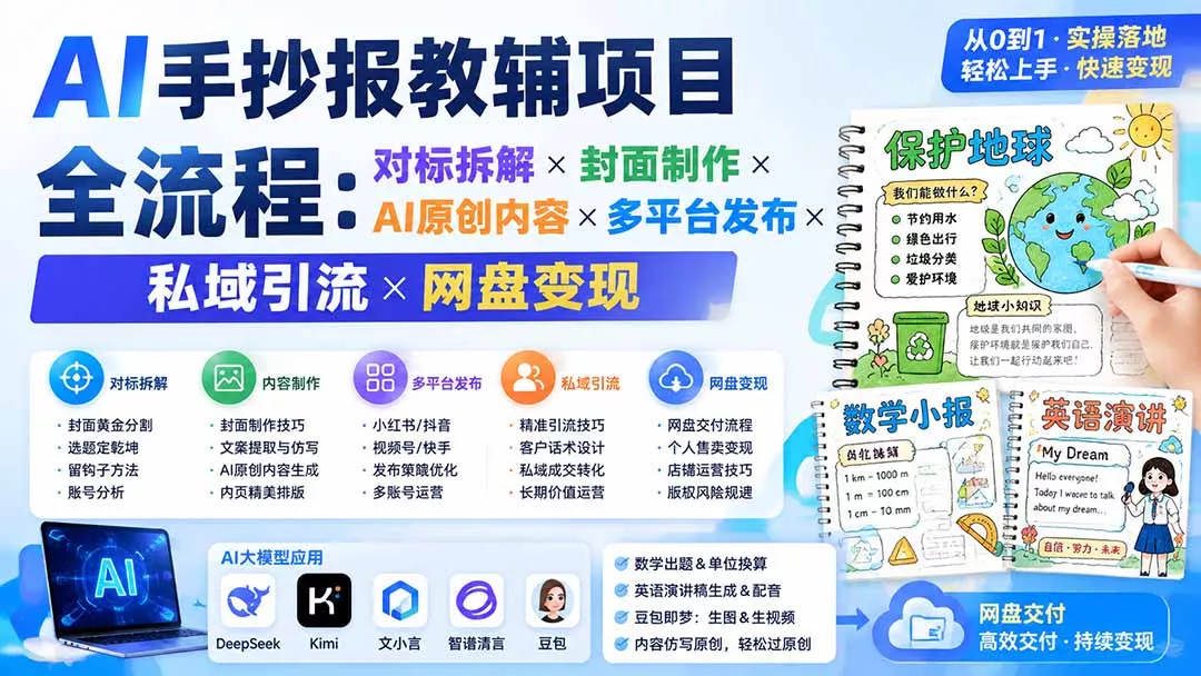 AI手抄报教辅项目全流程：对标拆解×封面制作×AI原创内容×多平台发布×私域引流×网盘变现-云梦阁