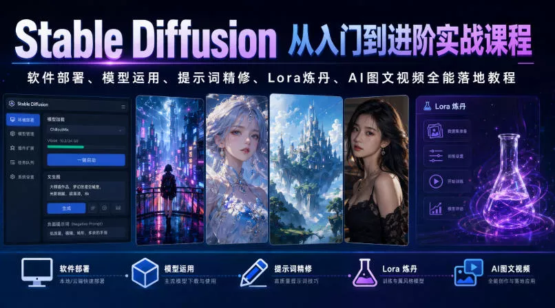 Stable Diffusion从入门到进阶实战课程｜软件部署、模型运用、提示词精修、Lora炼丹、AI图文视频全能落地教程-云梦阁