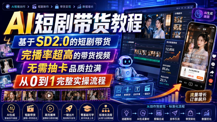 AI短剧带货教程，基于SD2.0的短剧带货，完播率超高的带货视频，无需抽卡品质拉满，从0到1完整实操流程-云梦阁